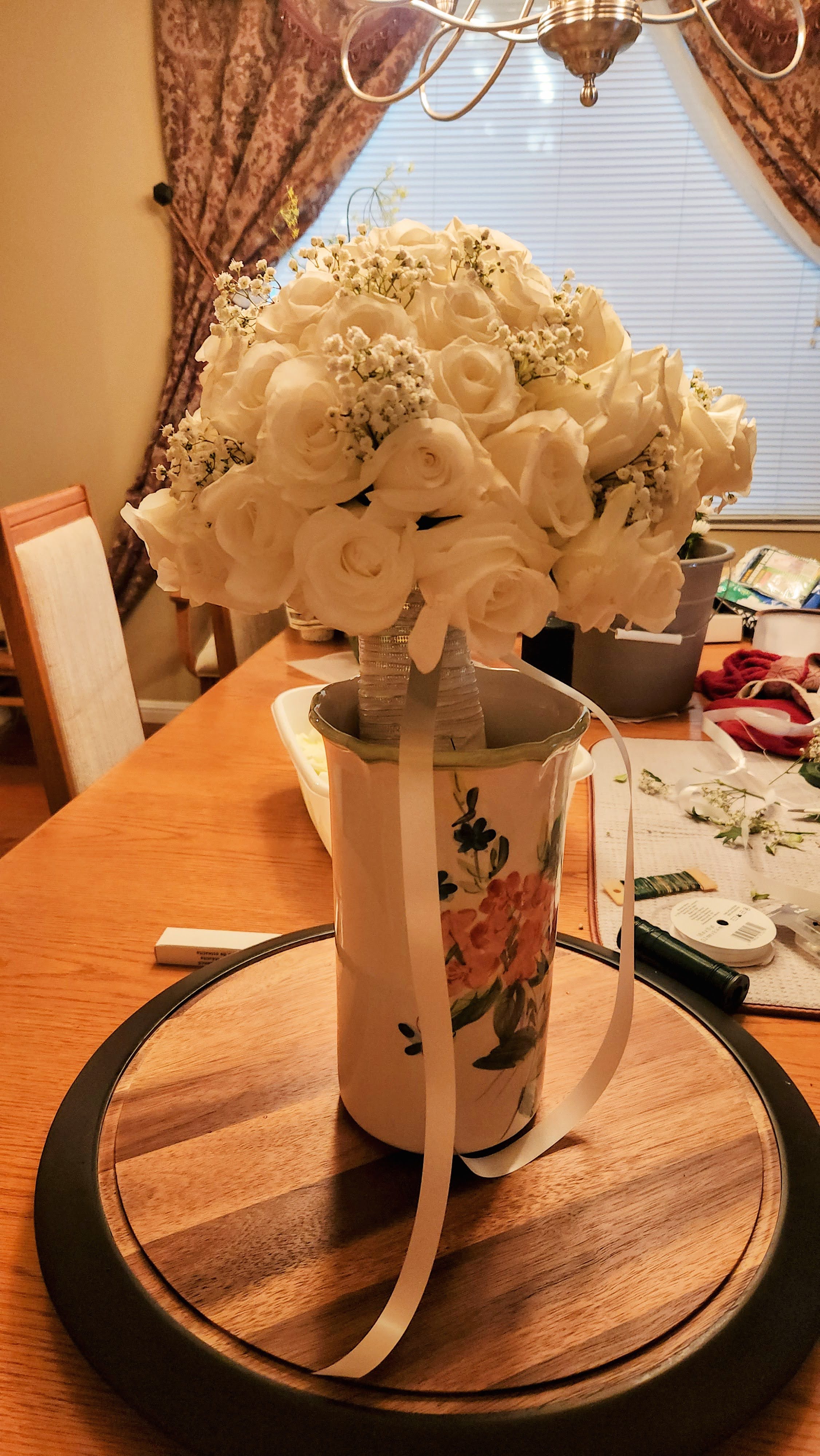 <strong> Second Bridal Bouquet</strong>,  White Roses,Baby’s Breath (Gypsophila), Ribbon Wrap, & White Satin Ribbon Tails
